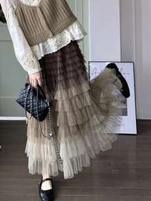 European Fashion New Design High Waist Fitted Multi-Layered Mesh Patchwork Midi Skirt Summer - Coffee Brown - View 7