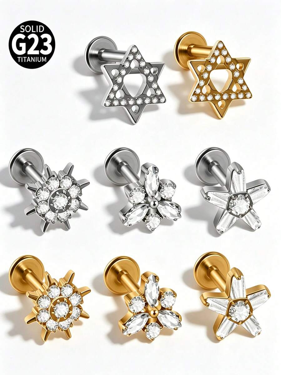 1 chiếc khuyên tai titan G23 đính đá Zirconia hình ngôi sao, khuyên môi, khuyên vành tai, khuyên sụn tai, khuyên tai hình lục giác, khuyên tai dạng vít.