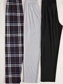 3pcs Plus Size Women's Casual Cropped Pajama Pants Set, Letter "LOSANGELES" Plaid Print With Bow Decor, Elastic Waist Lounge Pants - Multicolor - View 2