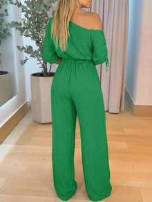 ChicMe Bộ jumpsuit nữ cổ chéo, tay áo có dây rút, eo chun, dáng rộng, ống quần, kiểu dáng thanh lịch, phù hợp mặc hàng ngày, công sở và dự tiệc. - màu xanh lá - Xem 2