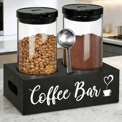 Hộp đựng cà phê bằng gỗ màu đen với hai ngăn kín khí - Thích hợp để đựng hạt cà phê và cà phê xay (Không bao gồm ngăn và muỗng, chỉ để tham khảo) - Hộp đựng đồ dùng pha cà phê tại nhà