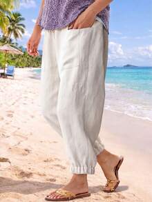 Women's Casual Wide Leg Capri Pants With Pockets, Summer - Apricot - View 1