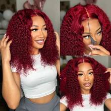 99J Burgundy Curly Bob Wig Human Hair 13x4 Deep Wave Human Hair Wig 200% Density HD Lace Front Wigs Human Hair For Women Pre Plucked Wet And Wavy Bouncy Red Bob Wigs 20Inch - S99J - 查看 5