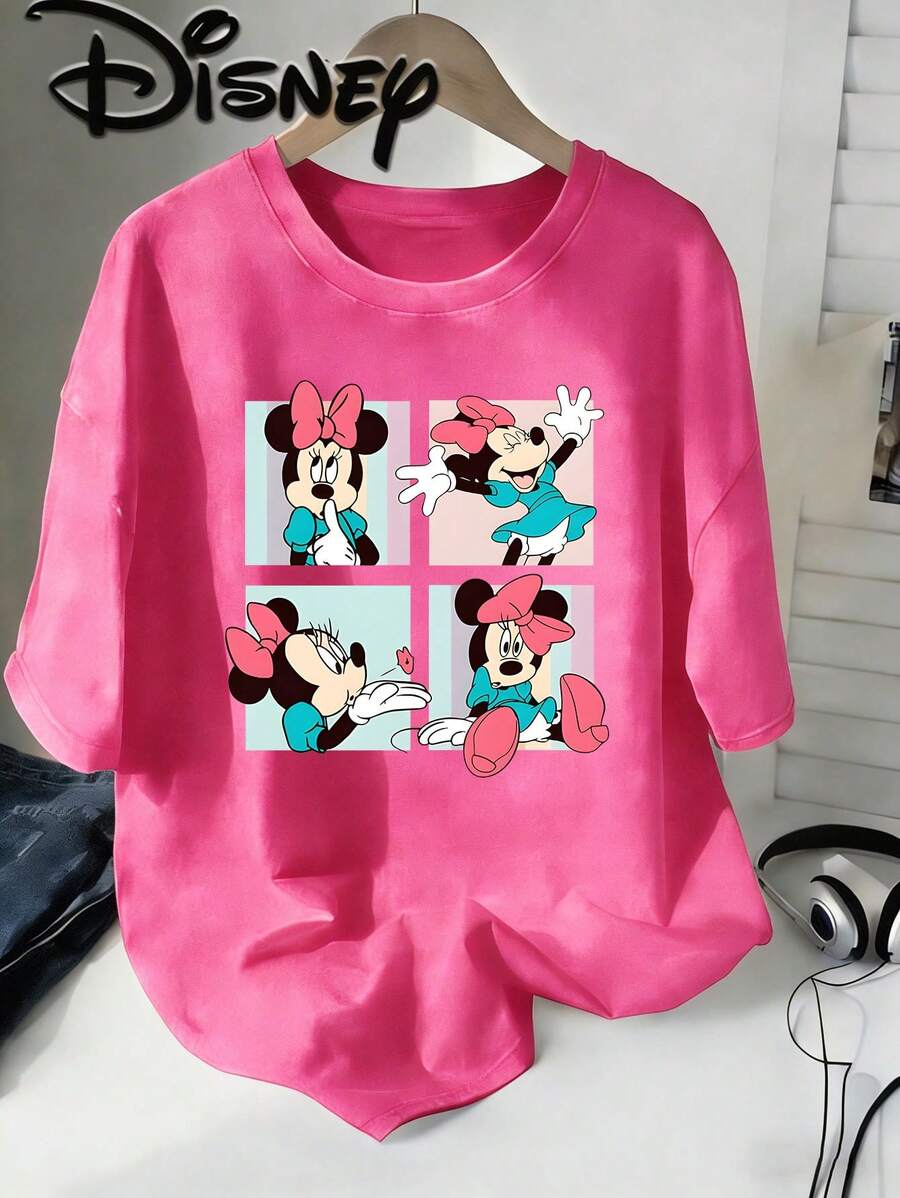 Disney Minnie Mouse 4 Grid Comic Strip Vintage Washed Black Oversized Cotton T-Shirt, Extra Large Baggy Fit Tee For Women, Disney Fans Casual Top - 玫紅色 - 查看 1