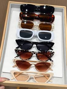 8pcs Plastic Women Shaped Full Frame Leopard Print Black Two Tone Classic Hot Girl Style Modern Simple Style Shades Basics Fashion Glasses For Summer Beach Vacation Going Out Outfits - Multicolor - View 8