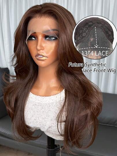 20英寸 Kanekalon Futura 合成蕾丝前假发，棕色，波浪卷发，无需胶水，Kanekalon 纤维，耐热，自由分缝，150% 密度，适合女性日常、派对、假日、节日佩戴，外观自然，即插即用，高清蕾丝合成假发，耐热纤维，时尚百搭，适合女性日常、派对、节日佩戴，也适合初学者。