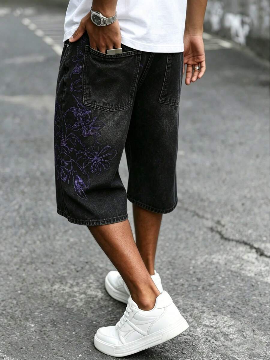 Men's Embroidered Pocket Loose Casual Denim Shorts - Black - View 1
