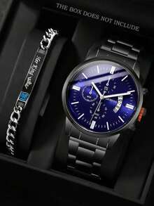 2pcs Minimalist Business Men's Quartz Watch Set, Including One Men's Quartz Watch With Scale Markings And One Men's Bracelet. Featuring Classic Blue And Black Color Scheme And Durable Design, Equipped With Multi-Function Sub-Dial And Precise Quartz Movement, Ensuring Accurate Timekeeping. - Black - View 1