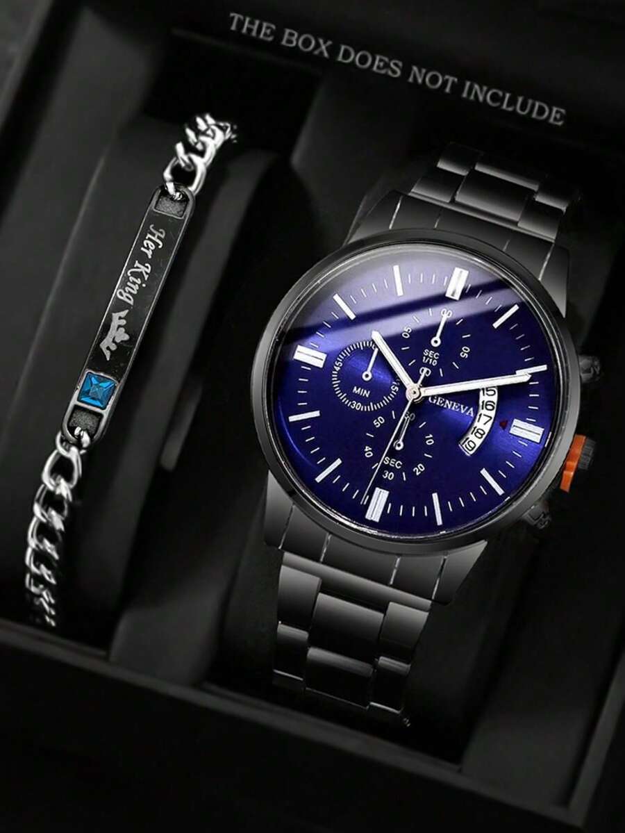 2pcs Minimalist Business Men's Quartz Watch Set, Including One Men's Quartz Watch With Scale Markings And One Men's Bracelet. Featuring Classic Blue And Black Color Scheme And Durable Design, Equipped With Multi-Function Sub-Dial And Precise Quartz Movement, Ensuring Accurate Timekeeping. - Black - View 1