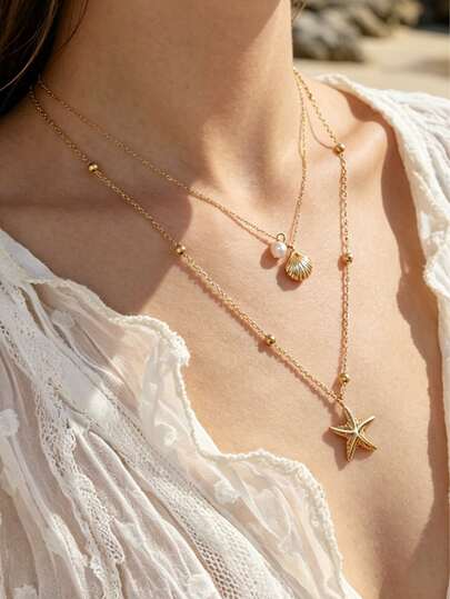 Bộ 2 dây chuyền hai lớp hình sao biển và vỏ sò dành cho nữ, mặt dây chuyền ngọc trai mạ vàng 18K, dây chuyền đôi, trang sức phong cách Bohemian cho kỳ nghỉ hè.