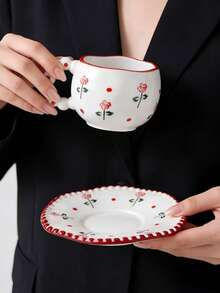 Bộ 1 tách và đĩa sứ vẽ tay họa tiết hoa hồng, tách và đĩa cà phê nghệ thuật hoa hồng Pháp, tách và đĩa trà chiều tráng miệng họa tiết hoa hồng tinh tế, thích hợp cho nhà hàng, phòng khách, quán cà phê, làm quà tặng. - Nhiều màu - Xem 5