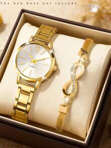 Set de 2 piezas Reloj de mujer con esfera de números romanos y pulsera con letra LOVE, de aleación metálica, de moda y casual, adecuado para uso diario o como regalo para vacaciones - Dorado - Ver 19
