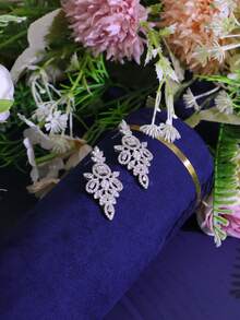 1 Pair Luxury Cubic Zirconia White Gold Plated Tassel Earrings, Elegant Jewelry Gift For Women, Suitable For Dates, Weddings, Parties, Anniversaries, Comes With Gift Box - White - View 5