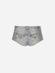 Women's Low Rise Micro Mini Denim Shorts Y2K Retro Double Button Flap Pocket Washed Jean Hot Pants Summer Casual Streetwear - Xám - Xem 5