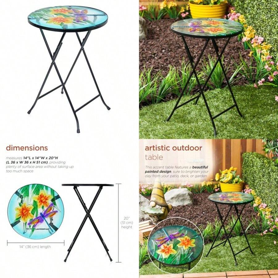 Alpine Corporation KBD163T-14 Redonda Plegable con Flores y coración Floral para Patio y Cubierta 14 Pulgadas de Ancho - Mesa de liblula de vidrio - Ver 1