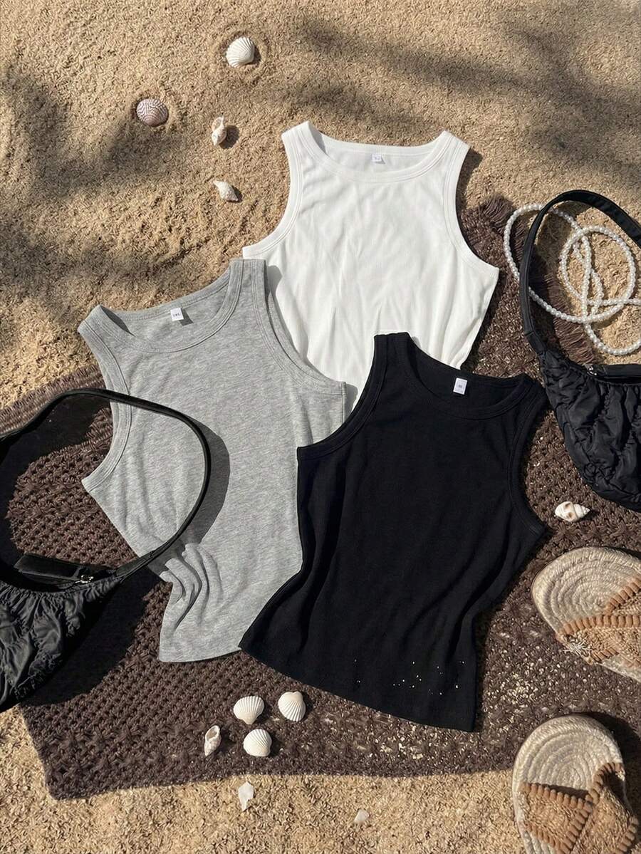 3pcs/Set Summer New Minimalist Casual Round Neck Sleeveless Fitted Versatile Tank Top Set For Women - Multicolor - View 1
