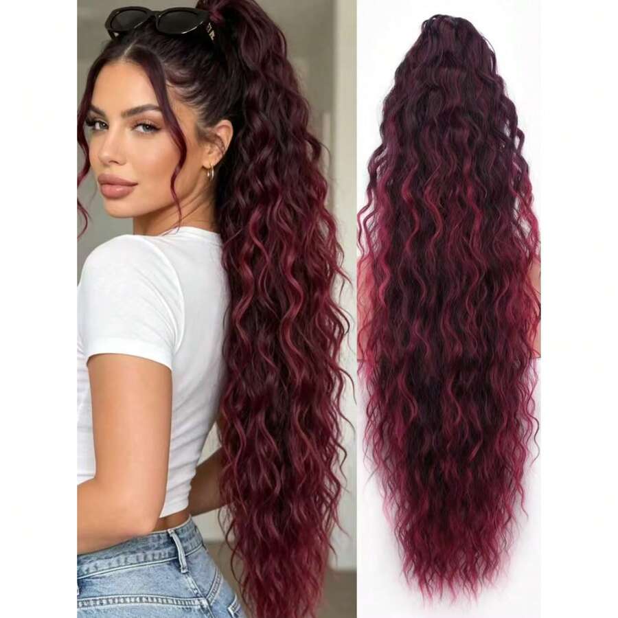 Long Water Wave Claw Clip Ponytail Hair Extensions, Ombre Burgundy / Auburn / Blonde Multiple Colors Available - Red Highlight - View 1