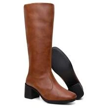 Women's High-Top Boot With Block Heel And Square Toe - Elegant - - Camel - View 5