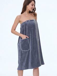1pc Plus Size 65-100kg Women's Coral Fleece Soft Absorbent Bathrobe, Minimalist Casual Daily Wear - Grey - View 7