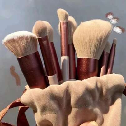 Kit 13 Pincéis de Maquiagem Completo para Rosto e Olhos - Cerdas Sintéticas Premium + Bolsa de Armazenamento