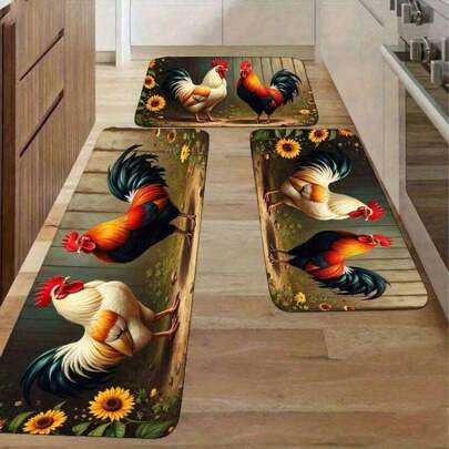 Flannel Mat Rustic Rooster Kitchen Rug - Non-Slip Absorbent Farmhouse Floor Mats, Colorful Chicken Design, Kitchen Runner Rug And Area Rug For Kitchen, Laundry Room, Entryway, Bathroom - Perfec, Rug Polyester, Polyvinyl Chloride, Velvet, Plush, Sponge, Entryway, Porch, Bathroom, Bath, Bedroom, Hall, Laundry, Hallway, Living Room, Kitchen, Entry, Laundry Room, Non-Slip, Anti-Slip, Water-Absorbent, Wear-Resistant, Dust-Proof, Waterproof, Easy To Clean, Soundproof, Breathable, Soft, Flexible