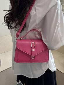 Bolso de mano pequeño de unicolor y de moda con solapa y correa ajustable - Rosa Fucsia - Ver 2
