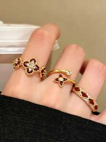 3pcs/Set Vintage Red Glazed Enamel Open Ring, Unique Delicate 4-Petal Flower Finger Rings, Exquisite Everyday Wear Ring Set For Women - Ring Set - View 4