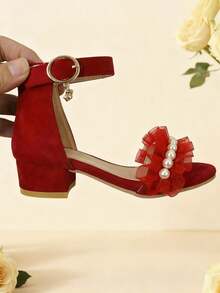 1双女童仿珍珠钩环搭扣露趾平底凉鞋，适合夏季海滩、度假、休闲、上学穿着。 - 紅色 - 查看 6