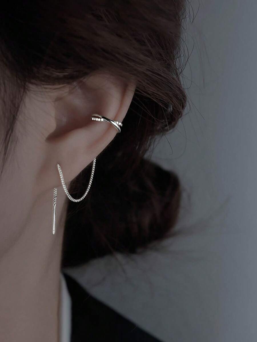 Women's Fashion Personalized Tassel Cross Ear Clip Earrings, Unique Design, Elegant Earrings - Silver - View 1