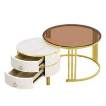 2-In-1 Round MDF Coffee Table, Side Table With One White Top And One Brown Tempered Glass Top, Coffee Table With Two Drawers For Living Room, 70*70*45 + 50*50*40 Cm - White - View 10