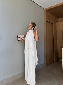 Women's 2-Piece Set, Elegant Solid Color Front Short Back Long Twist Halter Neck Top And Long Pants, Suitable For Party, Vacation, Street, Date In Spring/Summer White - White - View 3