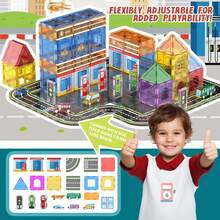 Magnetic Road Building Block Set Toy, With Magnetic Cars, Magnetic Building Blocks Toy Creative And Educational Construction Toy, Suitable For 3-12 Years Old Children Birthday Gift, Random Color, Halloween Gift, Christmas Birthday Gift For Boys And Girls - Multicolor - View 2
