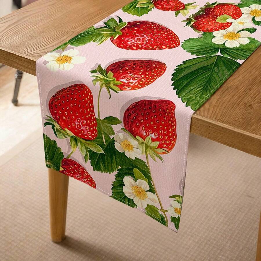 1pc Strawberry Pattern Printed Table Runner, Polyester Fiber, Rectangular, Holiday Tabletop Decorative Fabric Runner, Home Decor, Kitchen Dining Table Decor, Room Decor, Table Runner - Multicolor - View 1