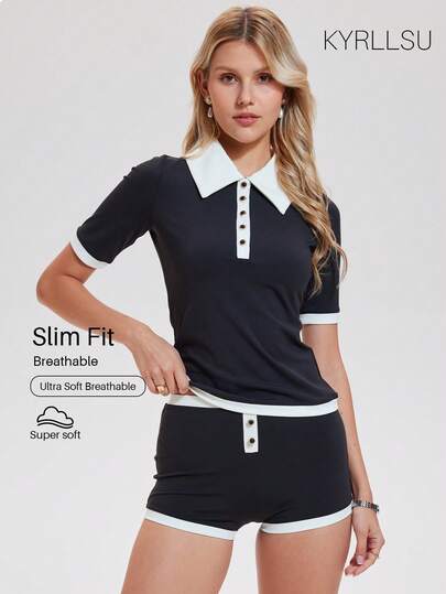 ZULIZ 女士撞色 Polo 领短袖上衣搭配高腰短裤两件套，纽扣细节休闲运动服