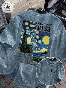 Áo thun nữ cỡ lớn in chữ cổ điển họa tiết bầu trời đầy sao của Van Gogh, phong cách thường ngày mùa hè. - Xanh đậm - Xem 4