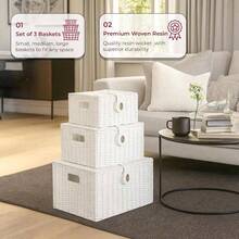 Essentials Wicker Storage Basket Set With Lids - Handwoven Decorative Storage Boxes With Handles, Large, Medium Small - Home, Bathroom, Kitchen Office Organisation White - White - View 4