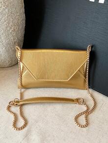 新款女士斜挎手机包，时尚条纹信封链条单肩包，简约百搭大容量手拿包 - 金色 - 查看 6