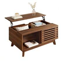 Modern Retro Coffee Table With Adjustable Table Height, Sliding Doors With Roller Shutters, Walnut Texture, MDF Table Body, Multifunctional Living Room Table - Brown - View 6
