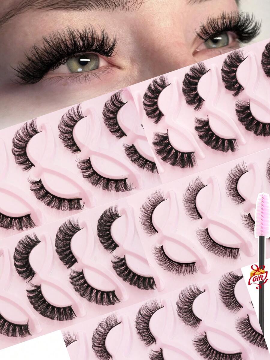 5对自然蓬松仿貂毛假睫毛，配有睫毛刷，3D条纹猫眼妆效，适合女孩、化妆师日常佩戴及派对场合 - 查看 1