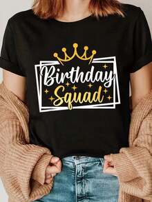 Birthday Squad Party Matching Family Group Funny Birth Team T-Shirt Women's Summer Casual Graphic Print T-Shirt Short Sleeve Crew Neck Soft Breathable Tee Tops For Daily Streetwear - 黑色 - 查看 1
