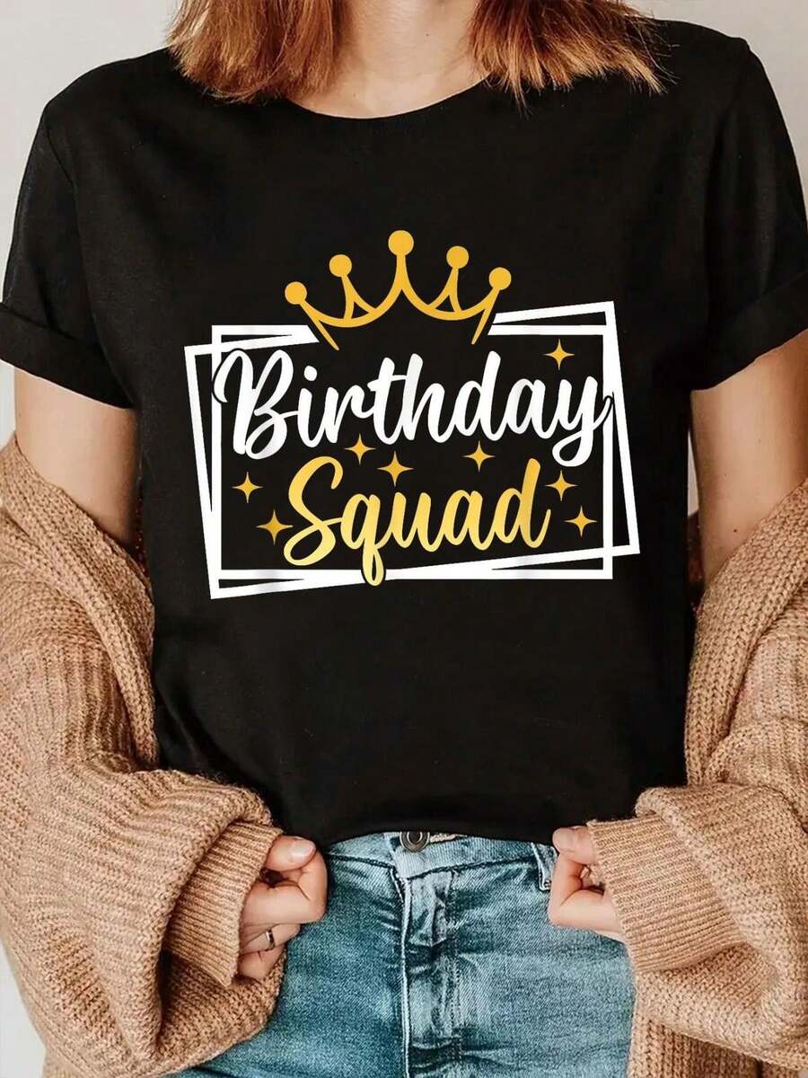 Birthday Squad Party Matching Family Group Funny Birth Team T-Shirt Women's Summer Casual Graphic Print T-Shirt Short Sleeve Crew Neck Soft Breathable Tee Tops For Daily Streetwear - 黑色 - 查看 1