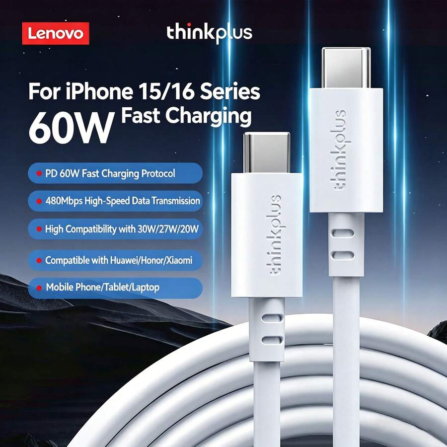 Lenovo 1.8米/1米 白色苹果16/15充电线，Type-C数据线，双头PD 60W快充，适用于iPhone 16/15 Pro Max、平板电脑、iPad、笔记本电脑 - 白色 - 查看 1