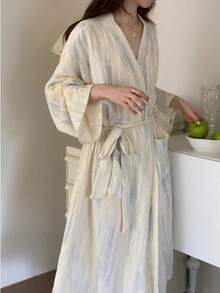 两件套女士条纹透气轻薄睡袍，冬季连体睡袍，女士浴袍，春秋夏季时尚家居睡袍，清新女士睡衣，冬季睡衣睡裙，时尚女士家居睡袍，母亲节礼物，适合各种体型，从小到大均可穿着，适用于婚礼、派对、SPA和浴室等场合。 - 條紋幾何 - 查看 5
