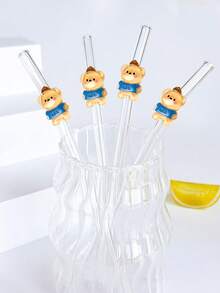 1/2/4Pcs Reusable Cartoon Glass Straws With Bears Stuff, Clear And Glass Bent Glass Drinking Straw Cutlery Set,For Kitchen Accessories,Straw Topper,Cold Drinks,Milk Tea,Coffee,Juice,Home,Restaurants,Holiday Supplies,Summer,Graduation Season,. - Style 4 - View 3
