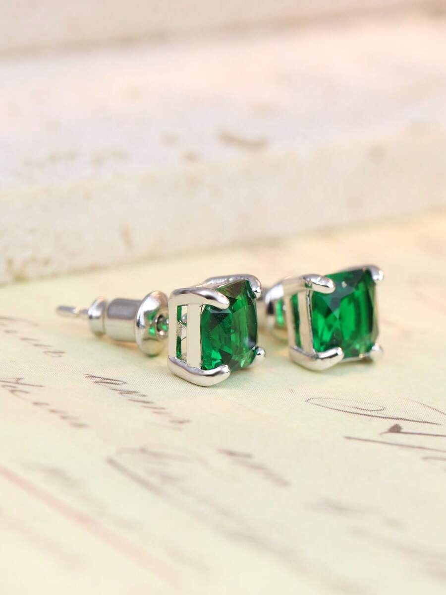 Bông tai bạc S925 đính đá Zirconia xanh hình vuông, thiết kế đơn giản bốn chấu, thích hợp đeo hàng ngày hoặc làm quà tặng. - Bạc - Xem 1
