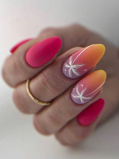 Elevate Your Look,24Pcs Short Oval Full Coverage Matte False Nails For Women,Summer Nail Art Featuring A Design Of Coconut Palms With Orange And Red Gradients,A Refreshing, Seaside Holiday Style, Perfect For Everyday Wear