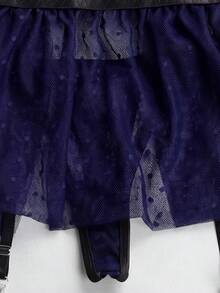 女士性感藏蓝色波点蕾丝内衣套装，包含吊袜带和丁字裤，三件套 - 藍色 - 查看 2