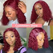 99J Burgundy Curly Bob Wig Human Hair 13x4 Deep Wave Human Hair Wig 200% Density HD Lace Front Wigs Human Hair For Women Pre Plucked Wet And Wavy Bouncy Red Bob Wigs 20Inch - S99J - 查看 7