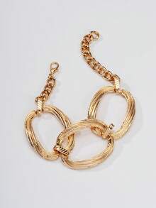 Brazalete de cadena de metal hueco de gran tamaño, diseño exagerado europeo y americano, brazalete abierto minimalista de alta gama, accesorio para ir al trabajo - Pulsera con hebilla redonda grande - Ver 4