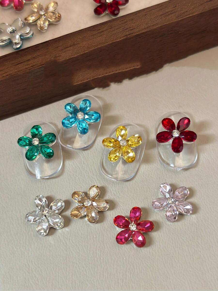 5-10件 3D五瓣花美甲飾品,多色水晶鑽花美甲寶石,亮面合金鑽石美甲裝飾,適用於DIY壓克力美甲美甲飾品 - 彩色 - 查看 1